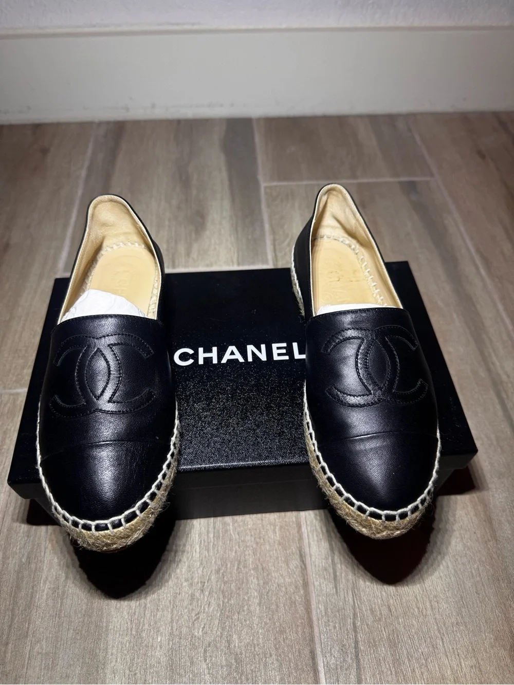 CHANEL Black Leather Espadrille with CC Logo
